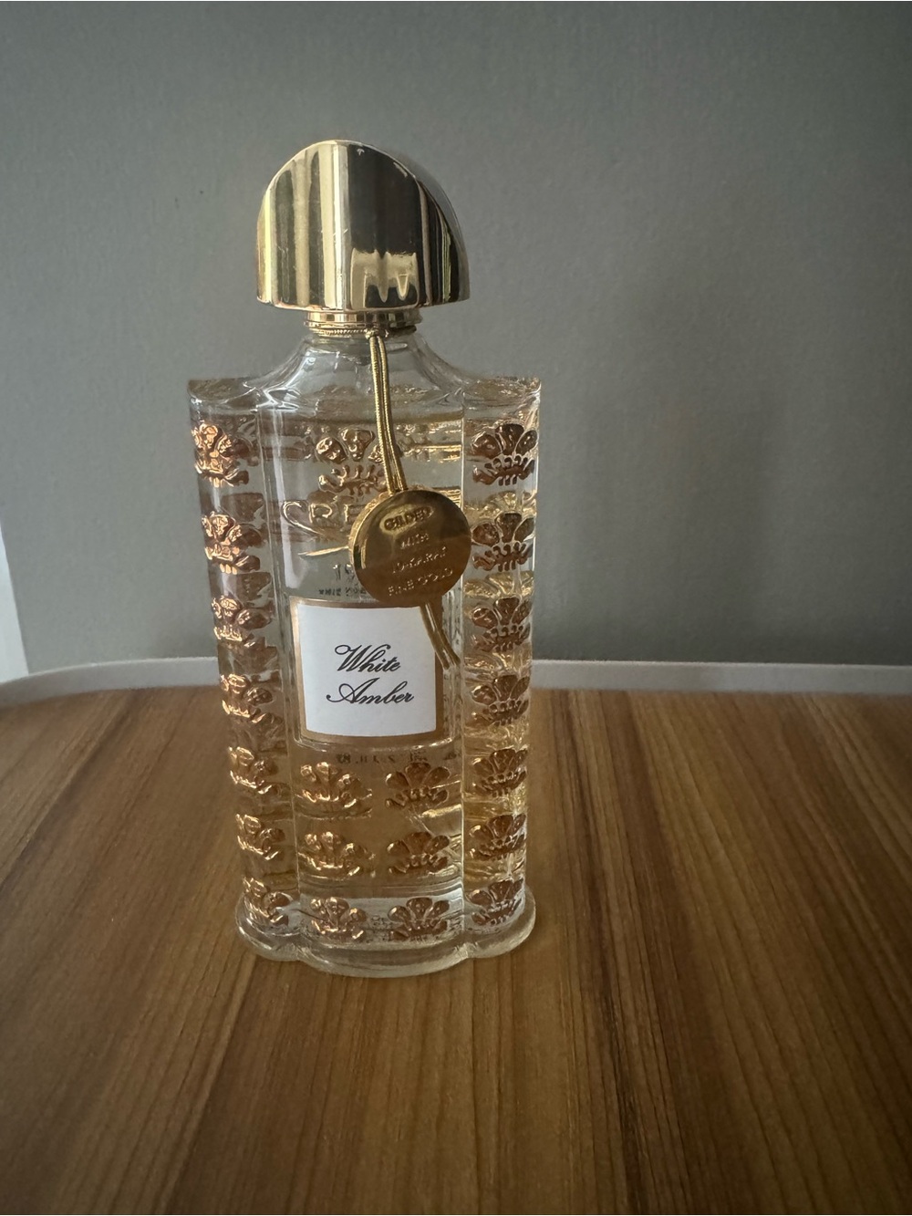 Creed White Amber Decorative Glass Bottle with Gold Accents